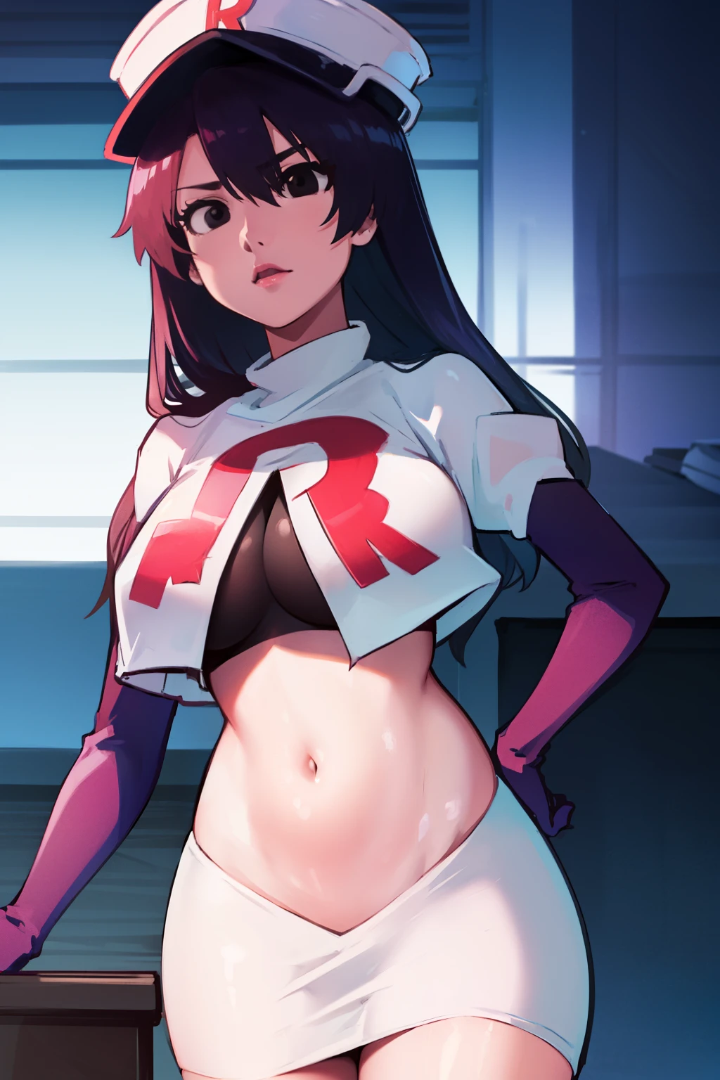 bambietta basterbine, hat, long hair, black hair, (black eyes:1.5), ,glossy lips, light makeup, eye shadow, earrings ,team rocket,team rocket uniform, red letter R, white skirt,white crop top,black thigh-high boots, black elbow gloves,