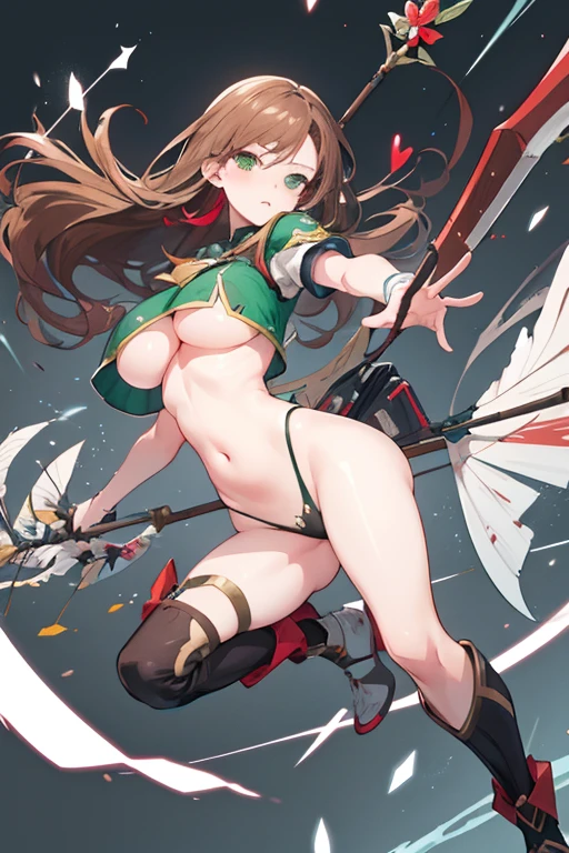 -arcana,arcana,Windranger anime style, solo, bow \(weapon\), weapon, 1girl, simple background, flower, long hair,, bug, green eyes, arrow \(projectile\), no humans, full bodyexposed belly, brown hair with red tips, short, (big boobs), (red tips)