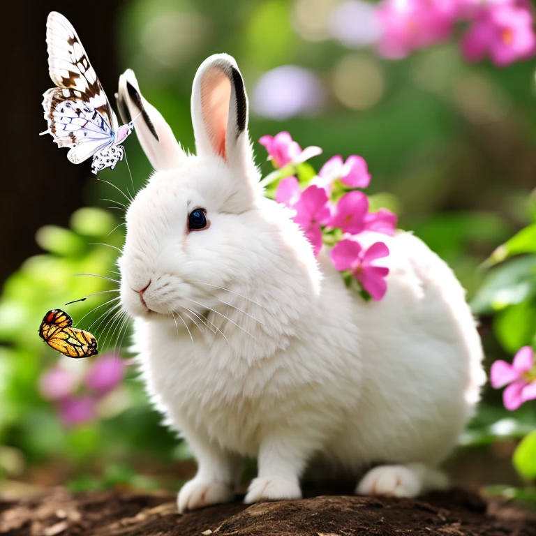 White spotted rabbit with a butterfly on its head, na floresta