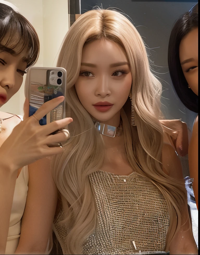 three women taking a selfie in the mirror with a cell phone, roseanne park of rosa preto, her hair is white, jossi of rosa preto, rosa preto jennie, lalisa manoban of rosa preto, Cl, Lalisa Manobal, rosa preto, portrait of jossi of rosa preto, Fotografia selfie 8k, com longos cabelos brancos, aesthetic!!!!!! female genie, Jaeyeon Nam