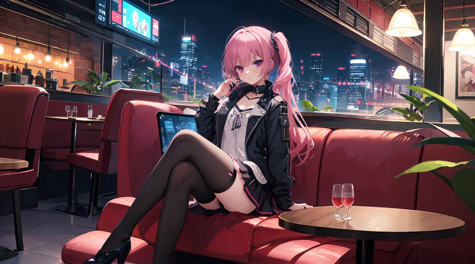 one-girl，solo，Long pink hair，Medium-hair long，dishiveredhair，long sleeve gaming clothelack short skirt，cyber punk personage,natta, City background at night，Digital punk, Anime style 4k, sitting in the couch，Indoors，In the restaurant，Black stockings，mitsukasa ayase、Character-centric