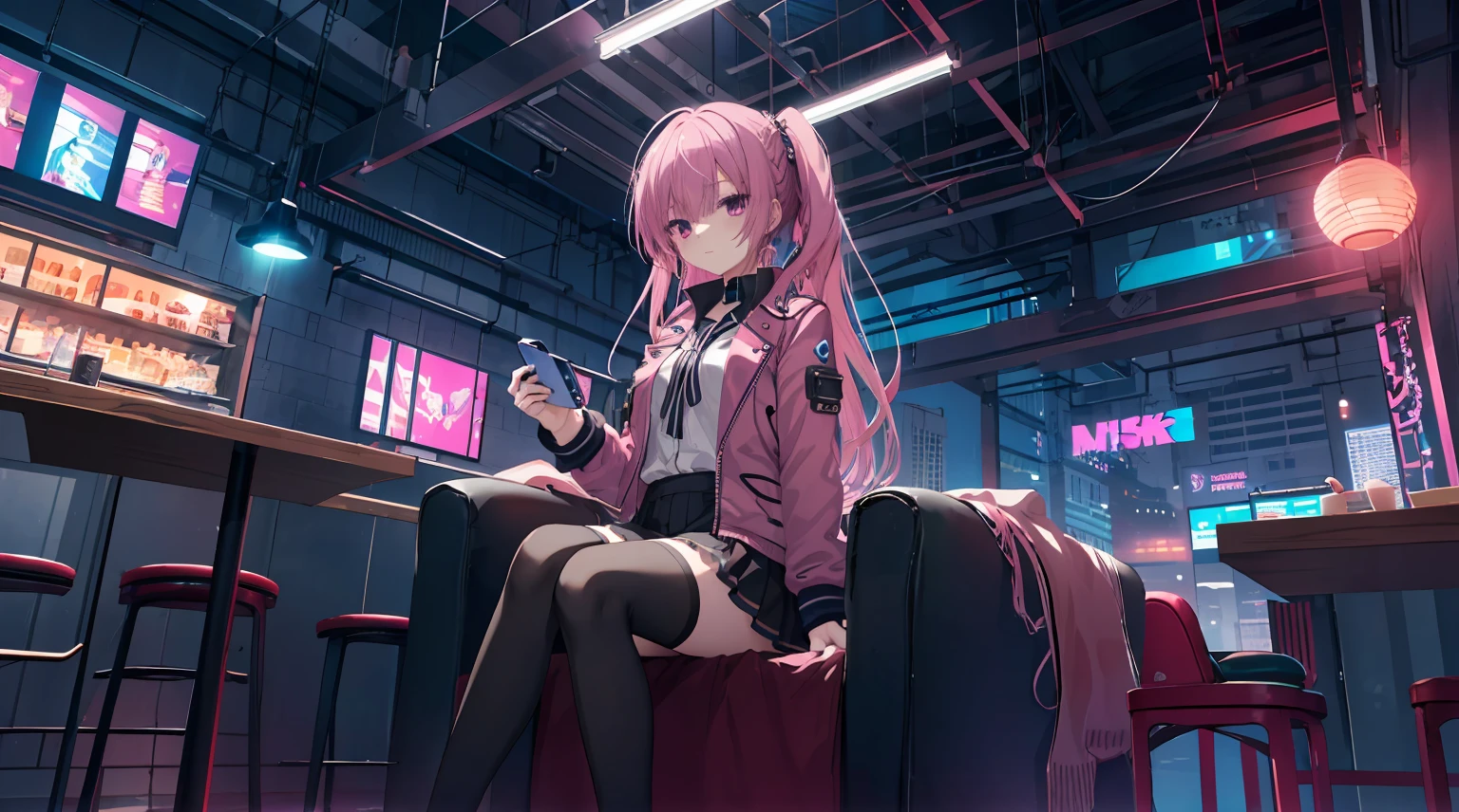 one-girl,solo,Long pink hair,Medium-hair long,dishiveredhair,long sleeve gaming clothelack short skirt,cyber punk personage,natta, City background at night,Digital punk, Anime style 4k, sitting in the couch,Indoors,In the restaurant,Black stockings,mitsukasa ayase、Character-centric