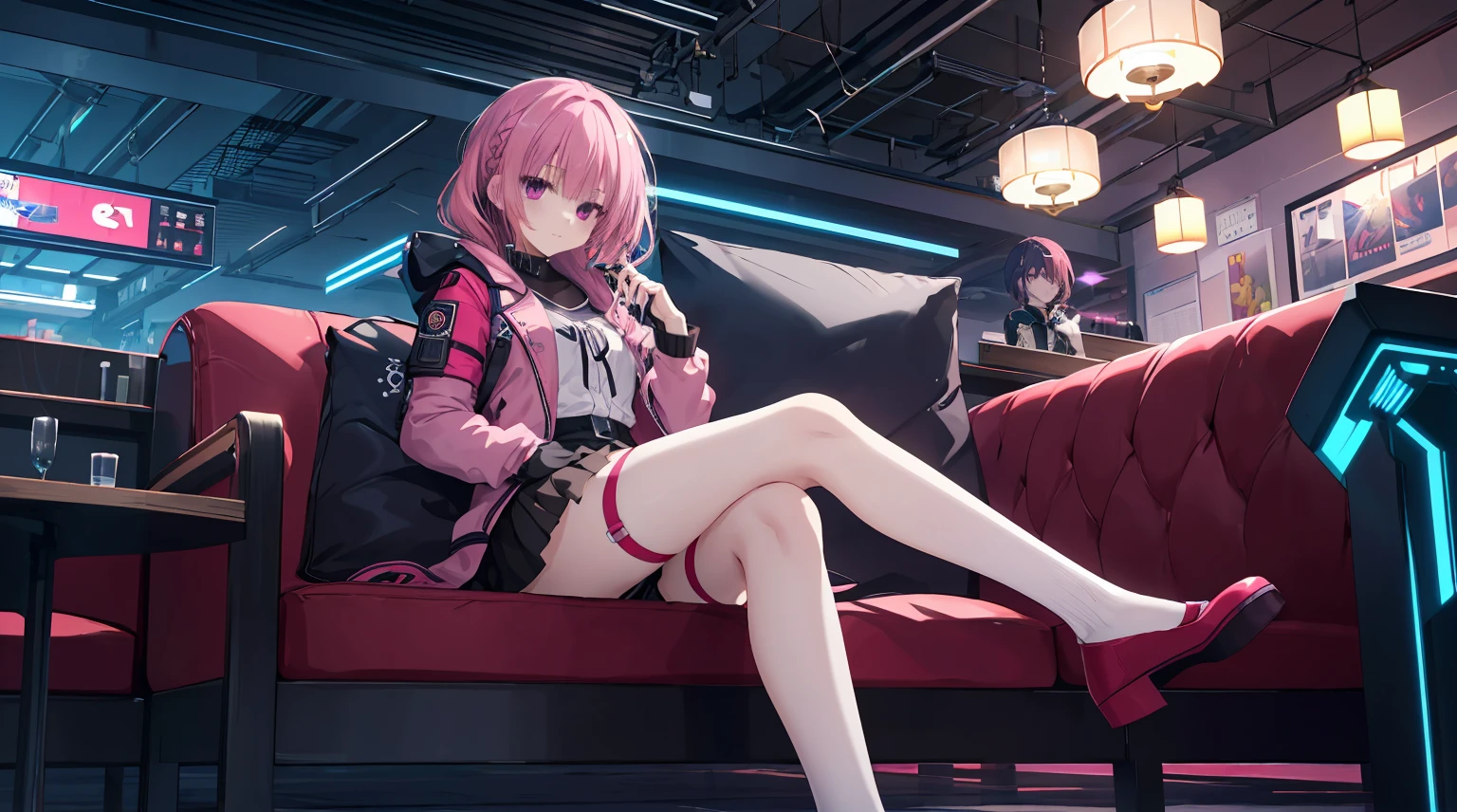 one-girl，solo，Long pink hair，Medium-hair long，dishiveredhair，long sleeve gaming clothelack short skirt，cyber punk personage,natta, City background at night，Digital punk, Anime style 4k, sitting in the couch，Indoors，In the restaurant，Black stockings，mitsukasa ayase、Character-centric