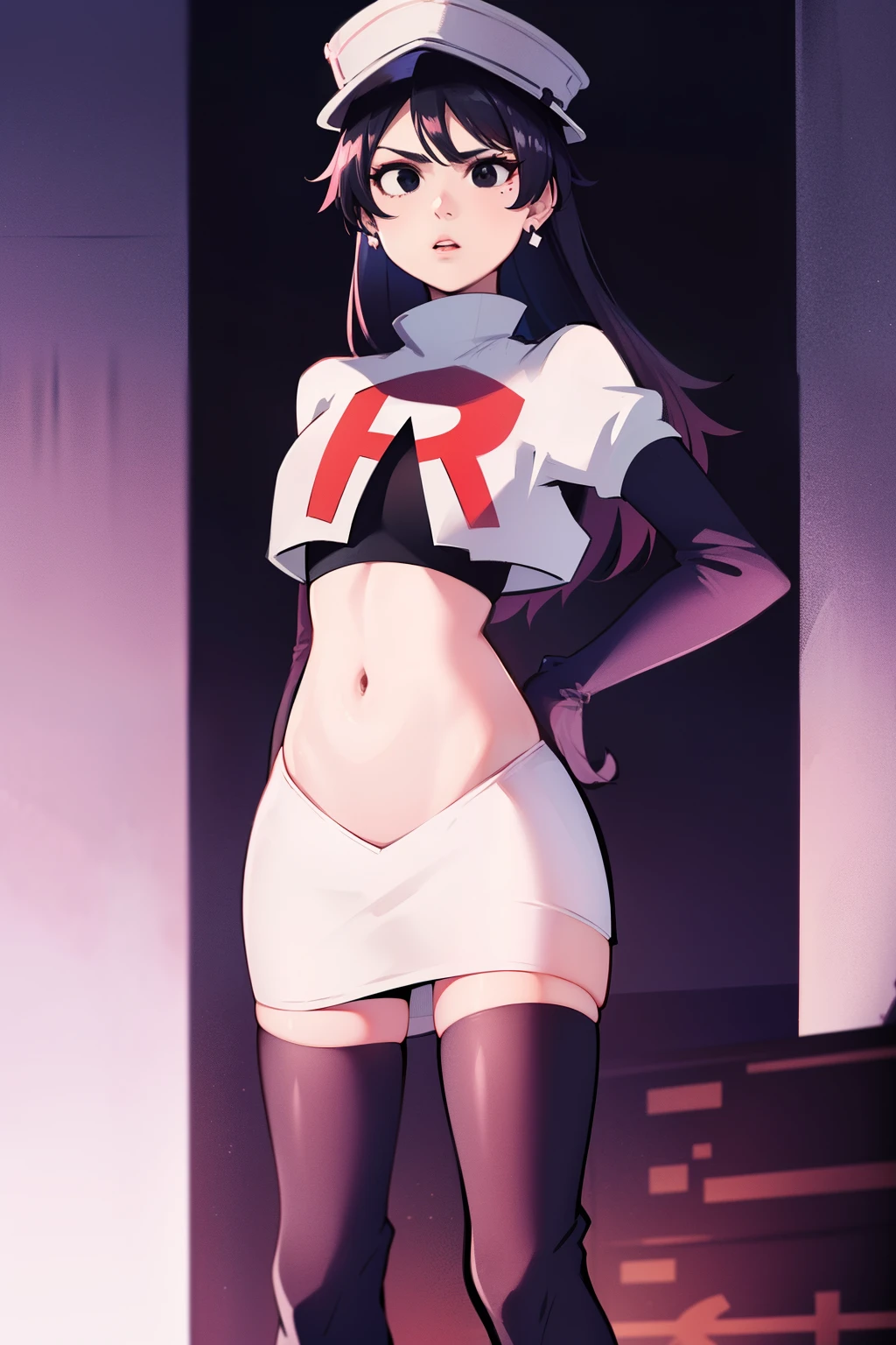 bambietta basterbine, hat, long hair, black hair, (black eyes:1.5), ,glossy lips, light makeup, eye shadow, earrings ,team rocket,team rocket uniform, red letter R, white skirt,white crop top,black thigh-high boots, black elbow gloves,