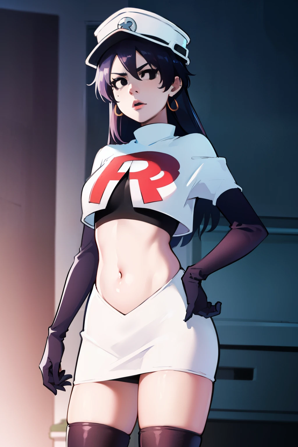 bambietta basterbine, hat, long hair, black hair, (black eyes:1.5), ,glossy lips, light makeup, eye shadow, earrings ,team rocket,team rocket uniform, red letter R, white skirt,white crop top,black thigh-high boots, black elbow gloves,