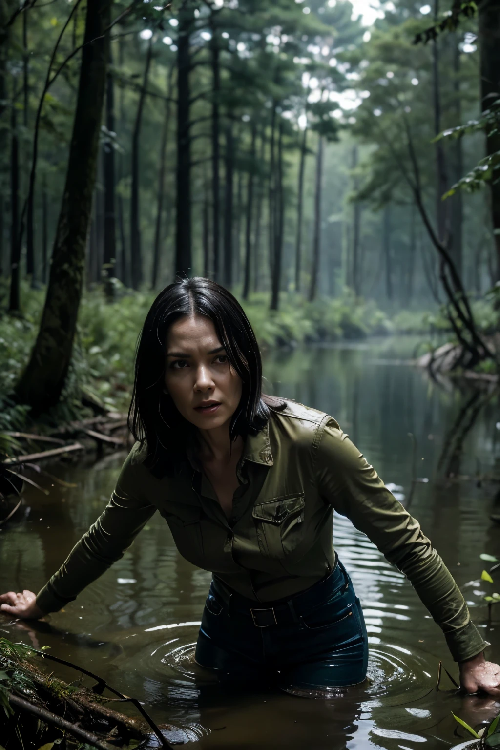 "(Best Quality,hight resolution:1.2),The woman,Expressive wrinkles,Bob haircut,Jeans,blouse,thicket,woods,(drowning in a swamp:1.3),thriller,dread,compulsion,Detailed eyes and face,elongated,expression of despair,Dark and moody lighting,Wrestling Hands,ominous vibe,Death Trap,tragic, death,(masochism),Sexual tension,Psychological thriller"