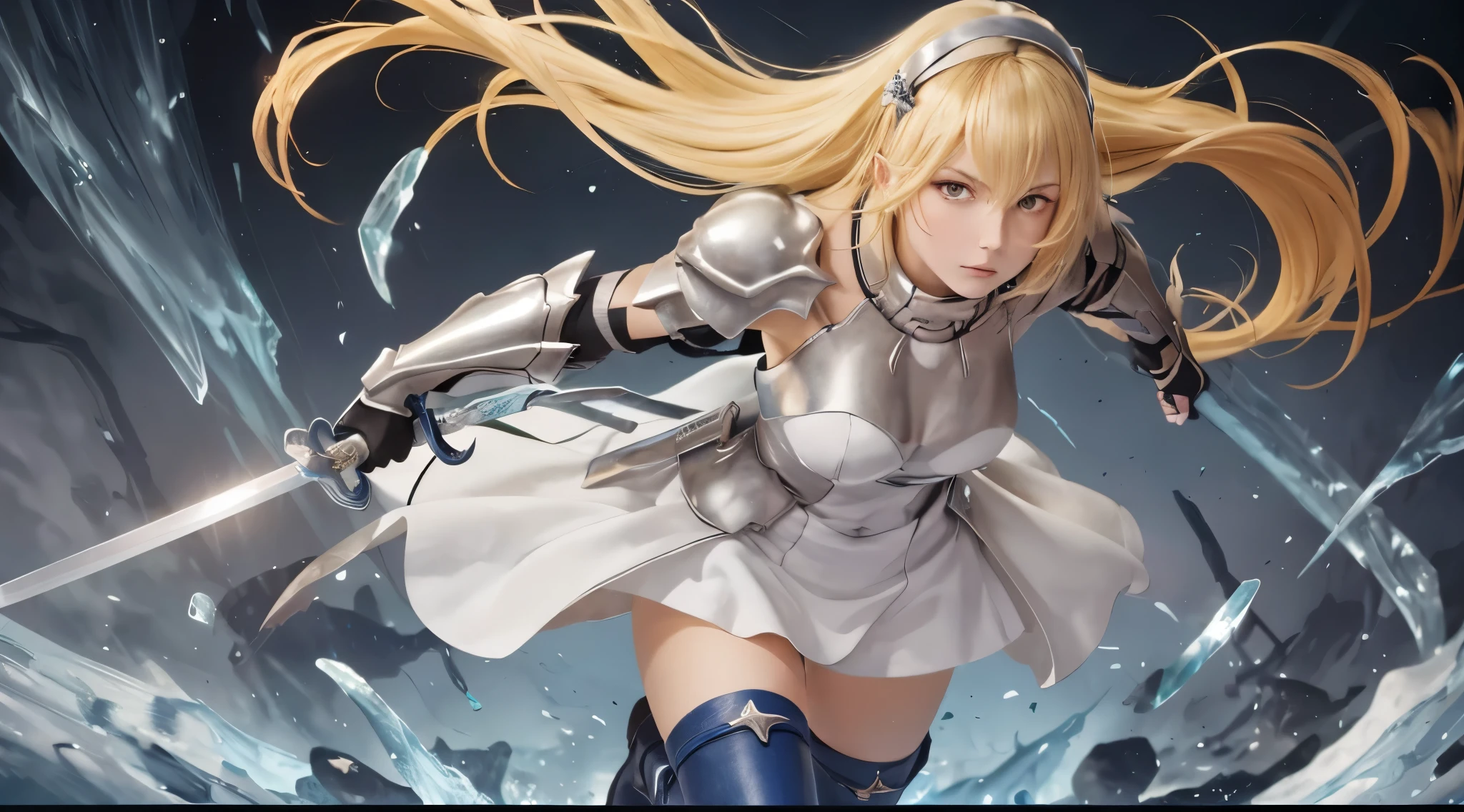 top-quality, 8K, ultra-detailliert, Photorealsitic, masuter piece, Best Quality, 超A high resolution, top-quality, Anime style, The best lighting, Beautiful face, iced, 1girl in, Solo, Blonde hair, armor, Long hair, Straight hair, thighs thighs thighs thighs, long boots, Dress, Yellow eyes, thigh long boots, blue long long boots, blue footwear, Covered navel, Silver breastplate, shoulder armor, gloves, white Dress outdoor, (in fighting:1.3), (Hold your sword:1.3), ray pass focus:1.3), Japan Faces, 