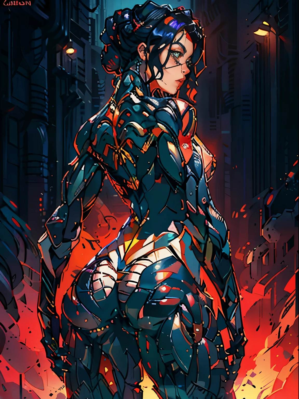 uma pintura digital da spider gwen utilizando, cabelos longos, arte cyberpunk de Josan Gonzalez, vencedora do concurso behance, afrofuturismo, synthwave, neon, neon brilhante,coxas grossas, cintura fina, , nsfw, pouca roupa, arte erotica, anime, roupas rasgada de batalha, extremamente sexualizada, corpo suado, NSFW, seios grandes, bunda grande, HD, 8k, Alta qualidade, detalhes, corpo perfeito, destaque o corpo, detalhe no rosto perfeito, Detail in the background