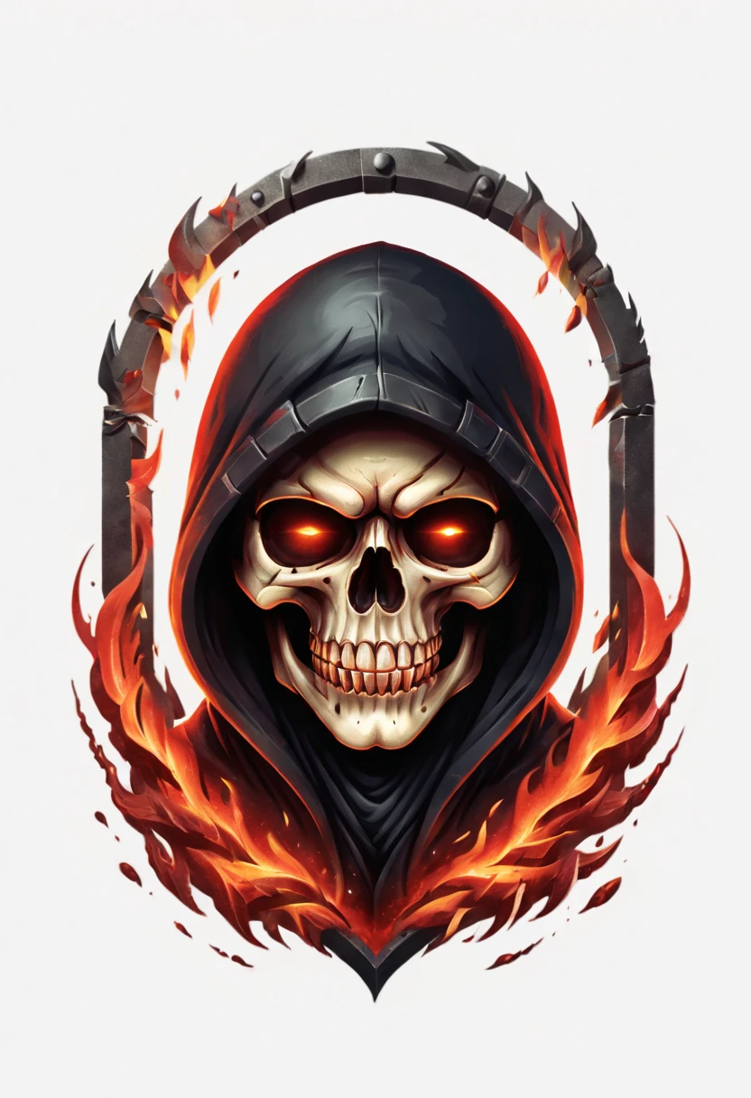 a close up of a skull with a hood and a cape, flaming grim reaper, beautiful male god of death, ghost rider, fiery skull contemplating life, glowing red skull, grim reaper, the grim reaper, 8 k highly detailed ❤🔥 🔥 💀 🤖 🚀, flaming skull, the king of death, evil death, dark but detailed digital art design,t shirt design,beefy style,design only,white background,no model,professional,high contrast,high-res,ultra-detailed,vivid colors,metallic accents,sharp focus,edgy,dynamic composition,gritty texture,rough brush strokes,mechanical elements,chrome effect,classic typography,retro style,distressed look,aggressive lines and curves,3D rendering,striking visual impact,dark shadows,strong branding presence,monochromatic palette,industrial aesthetic, helmet samurai /imagine prompt: skull fire with gun llustration for a logo with a black background, in bold outline style, jagged edges, trashcore, light shading --v 5.2