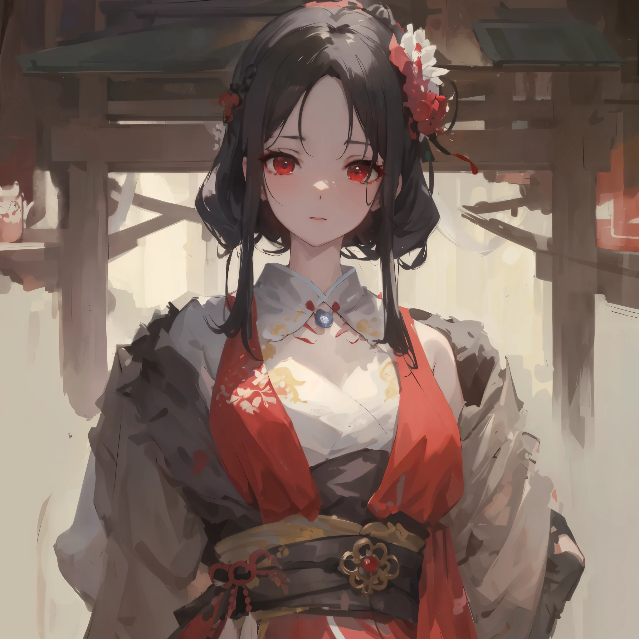 One wearing a red dress、Close-up of a woman with a flower in her hair, Guweiz style artwork, guweiz, A masterpiece by Guwiz, Belle de personnage, 宮 , A girl in Hanfu, guweiz on artstation pixiv, guweiz on pixiv artstation, author:Hero, by Yanjun Cheng