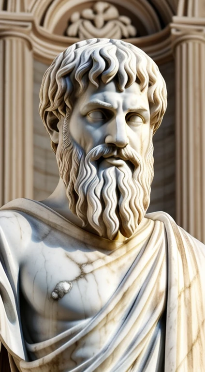 A realistic Greek white marble statue of aristotle brave scary detailed wearing a ghostly toga, fundo neutro, Moody, , fotorrealista, Jantar de filme assustador, super detalhada, Hiper realista, luzes brilhantes, 8 mil