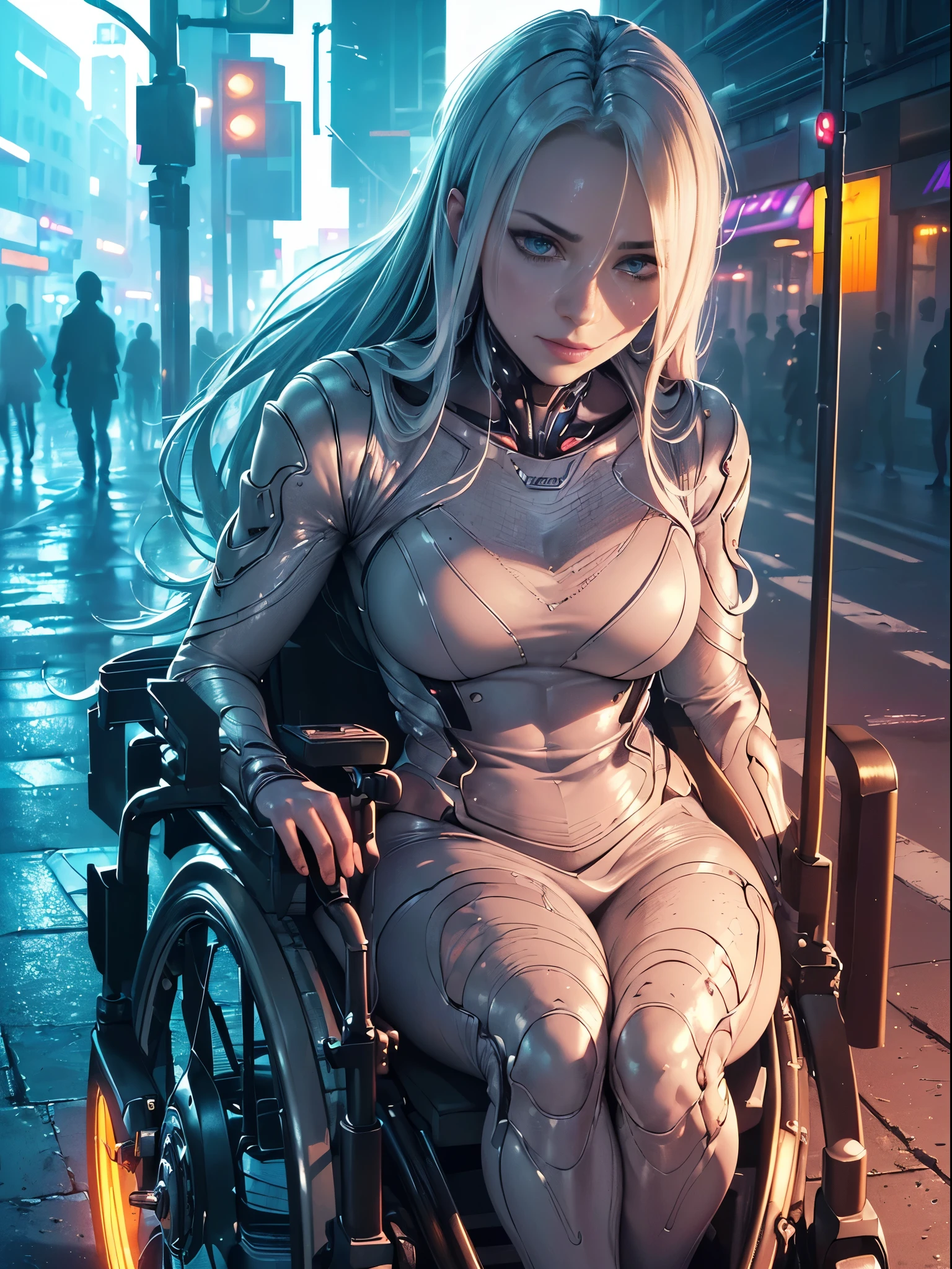 ((Quality: masterpiece, best quality, UHD, anatomically correct, photo realism, textured and detailed skin, skin pores, skin imperfections, textured and detailed hair, dramatic lighting, contrasting of light and shadows)), futuristic cyber woman in a wheelchair, neon lights, street lights