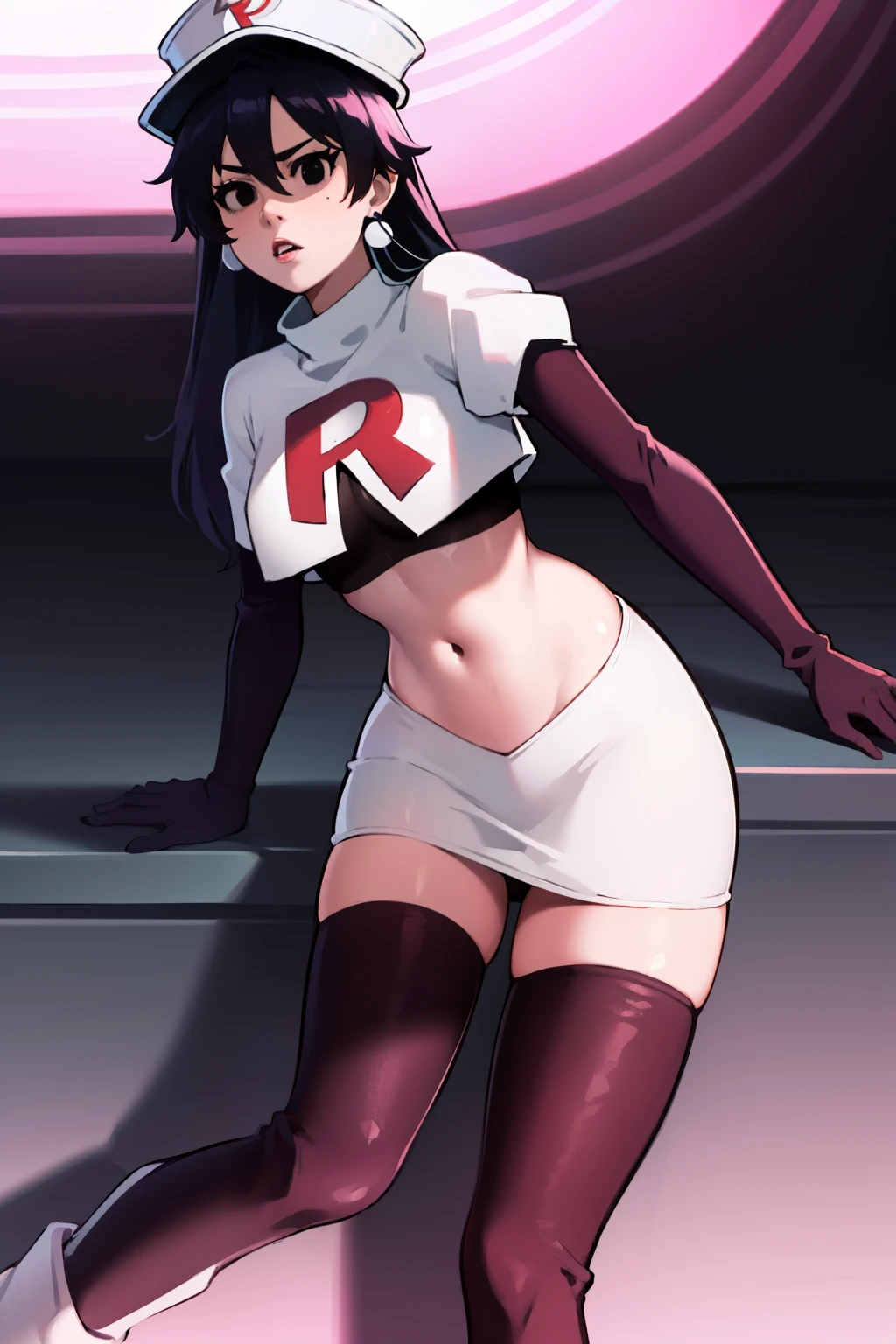 bambietta basterbine, hat, long hair, black hair, (black eyes:1.5), ,glossy lips, light makeup, eye shadow, earrings ,team rocket,team rocket uniform, red letter R, white skirt,white crop top,black thigh-high boots, black elbow gloves,