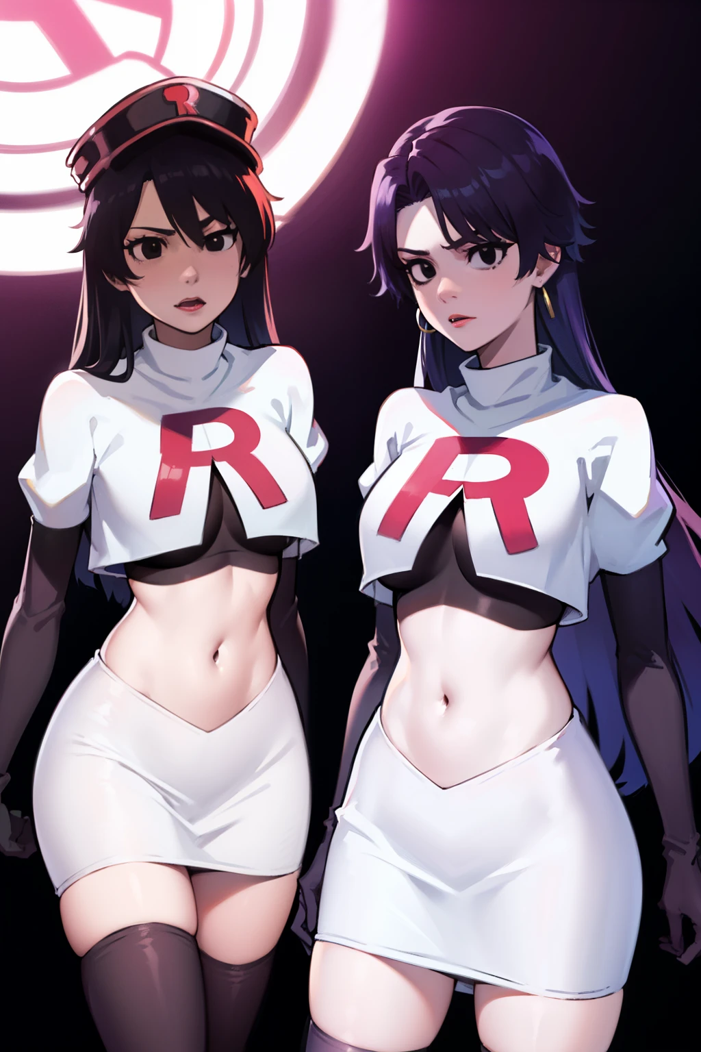 bambietta basterbine, hat, long hair, black hair, (black eyes:1.5), ,glossy lips, light makeup, eye shadow, earrings ,team rocket,team rocket uniform, red letter R, white skirt,white crop top,black thigh-high boots, black elbow gloves,