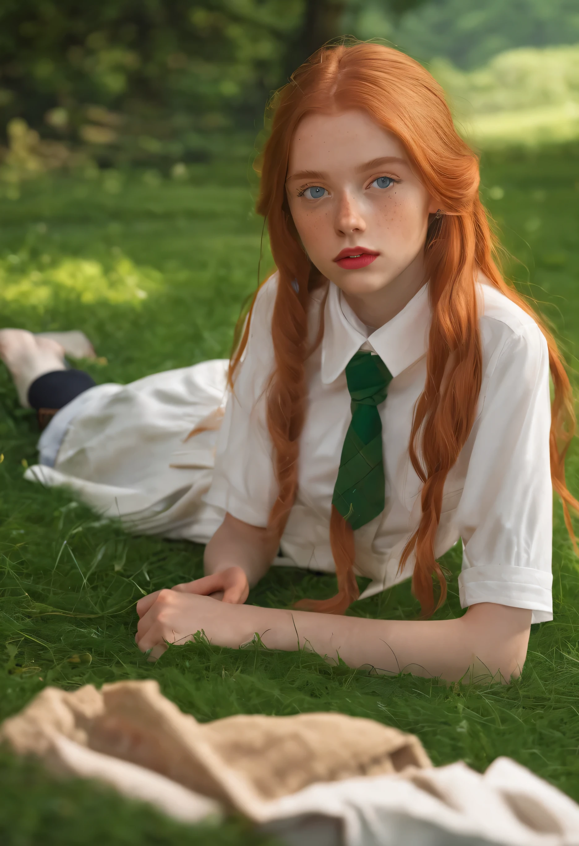 UHD, UHD, masterpiece, high details, highres, HD, HD, HD, 4K, highres two irish girls one has fair skin green eyes long red hair small freckles on face arms and legs her name is mary. mary has on a white short sleeve button down top, and a green school uniform skirt she has bare feet   the othere girls name Emma she has long blond hair blue eyes she has on green plaid skirt and a white button down top and bare feet they are lying on a plade blanket in a pasture of glover there is a stone wall in the back grownd, sparkling eyes, naughty face, red lips, red hair, mole under eye, mole under eye,