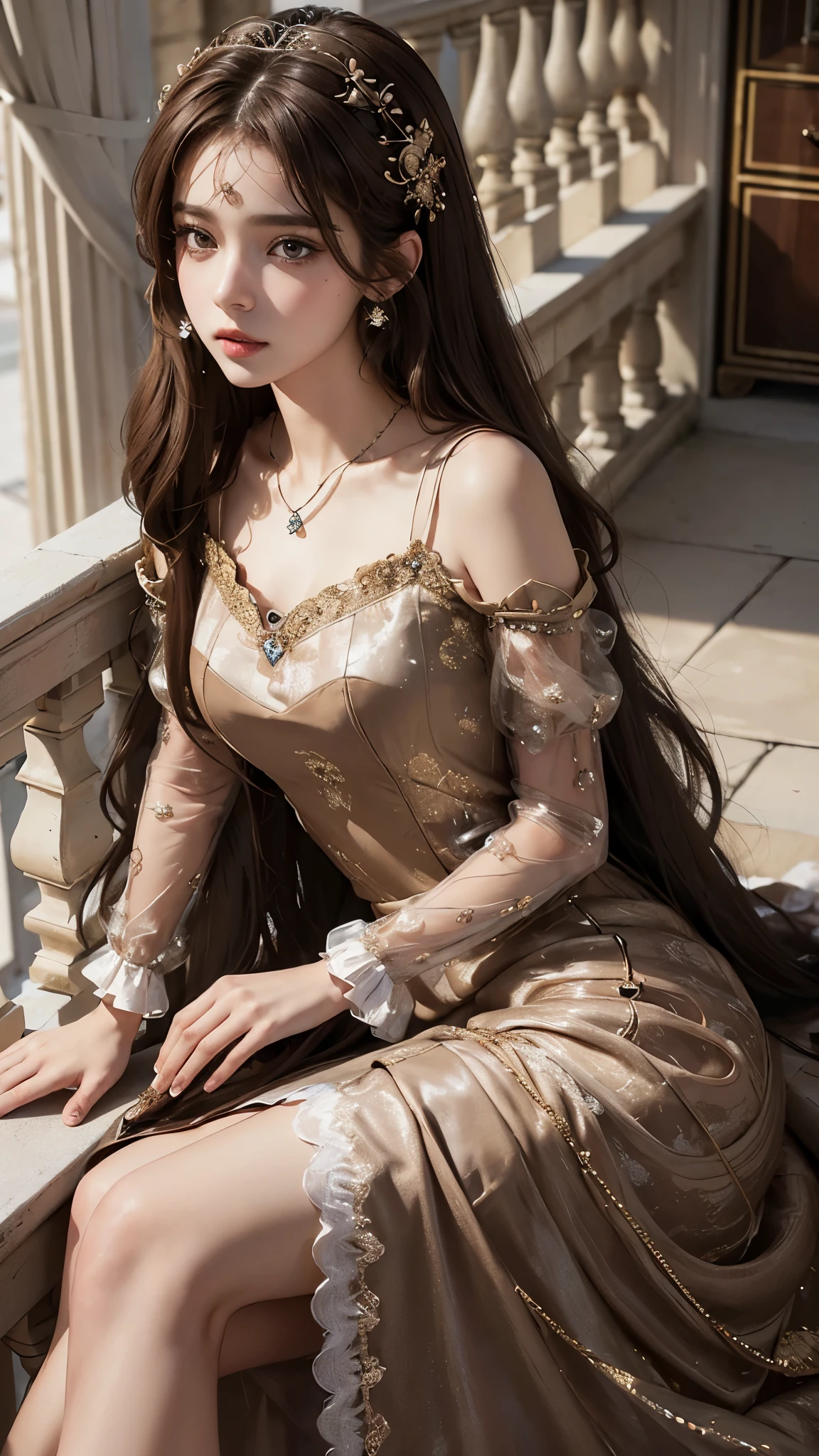 8k, masterpiece, 1 girl, beautiful face, very long hair, hair ornament, light makeup, detailed eyes, small round breast, ultra detailed clothes (brown princess dress:1.5), lace:1.5, ((closed up)), necklace, jewellery, amazing balcony background, sitting,