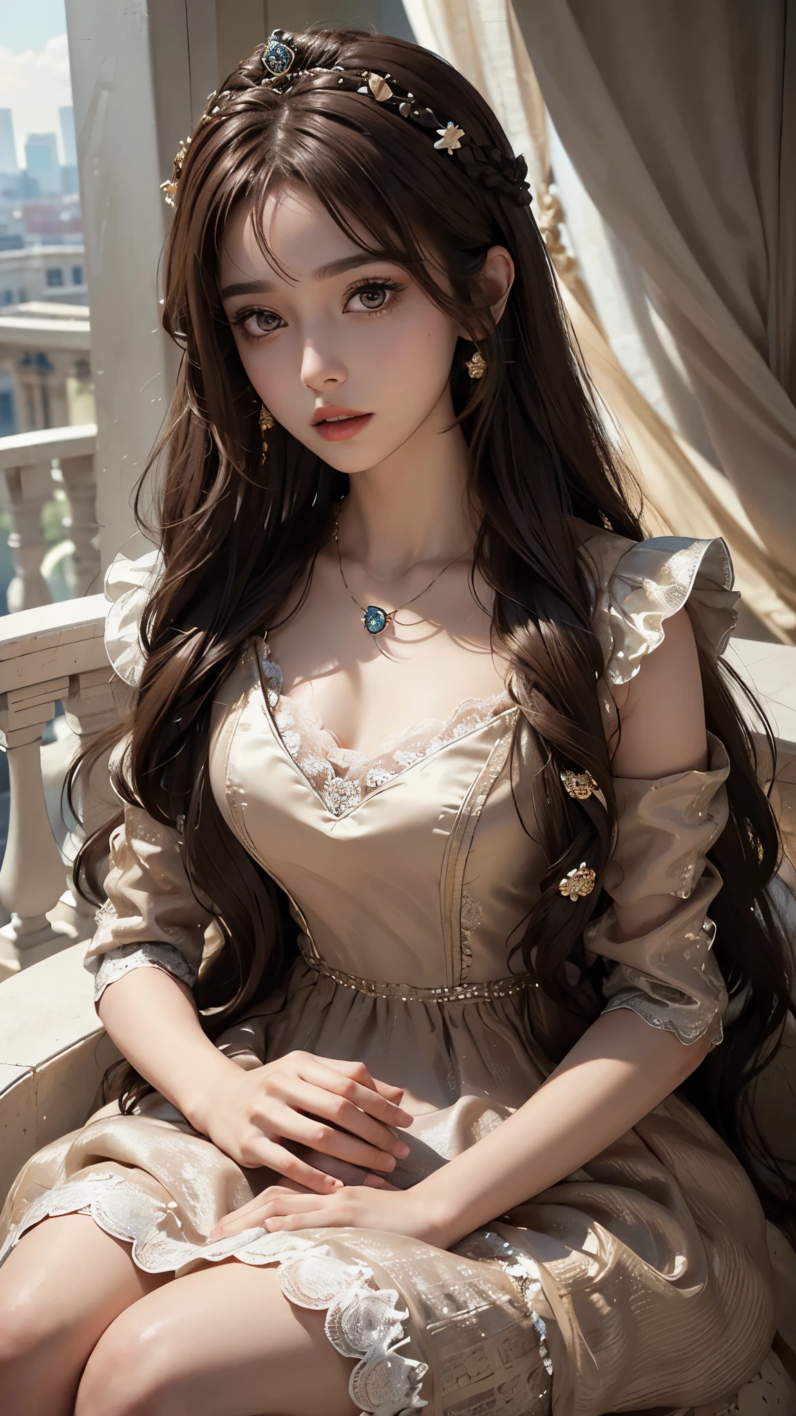 8k, masterpiece, 1 girl, beautiful face, very long hair, hair ornament, light makeup, detailed eyes, small round breast, ultra detailed clothes (brown princess dress:1.5), lace:1.5, ((closed up)), necklace, jewellery, amazing balcony background, sitting,