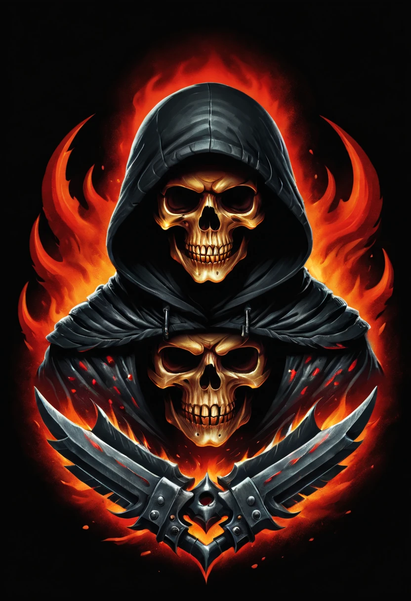 a close up of a skull with a hood and a cape, flaming grim reaper, beautiful male god of death, ghost rider, fiery skull contemplating life, glowing red skull, grim reaper, the grim reaper, 8 k highly detailed ❤🔥 🔥 💀 🤖 🚀, flaming skull, the king of death, evil death, dark but detailed digital art design,t shirt design,beefy style,design only,white background,no model,professional,high contrast,high-res,ultra-detailed,vivid colors,metallic accents,sharp focus,edgy,dynamic composition,gritty texture,rough brush strokes,mechanical elements,chrome effect,classic typography,retro style,distressed look,aggressive lines and curves,3D rendering,striking visual impact,dark shadows,strong branding presence,monochromatic palette,industrial aesthetic, helmet samurai /imagine prompt: skull fire with gun llustration for a logo with a black background, in bold outline style, jagged edges, trashcore, light shading --v 5.2