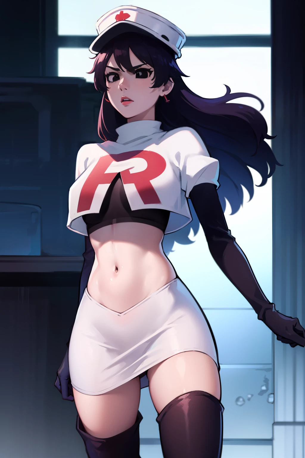 bambietta basterbine, hat, long hair, black hair, (black eyes:1.5), ,glossy lips, light makeup, eye shadow, earrings ,team rocket,team rocket uniform, red letter R, white skirt,white crop top,black thigh-high boots, black elbow gloves,