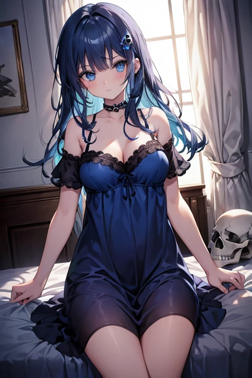 1girl, 18 years old, long dark blue hair, blue eyes, blue short nightgown, princess death, skull hair clip, boobs, drawing a skull, in bedroom.