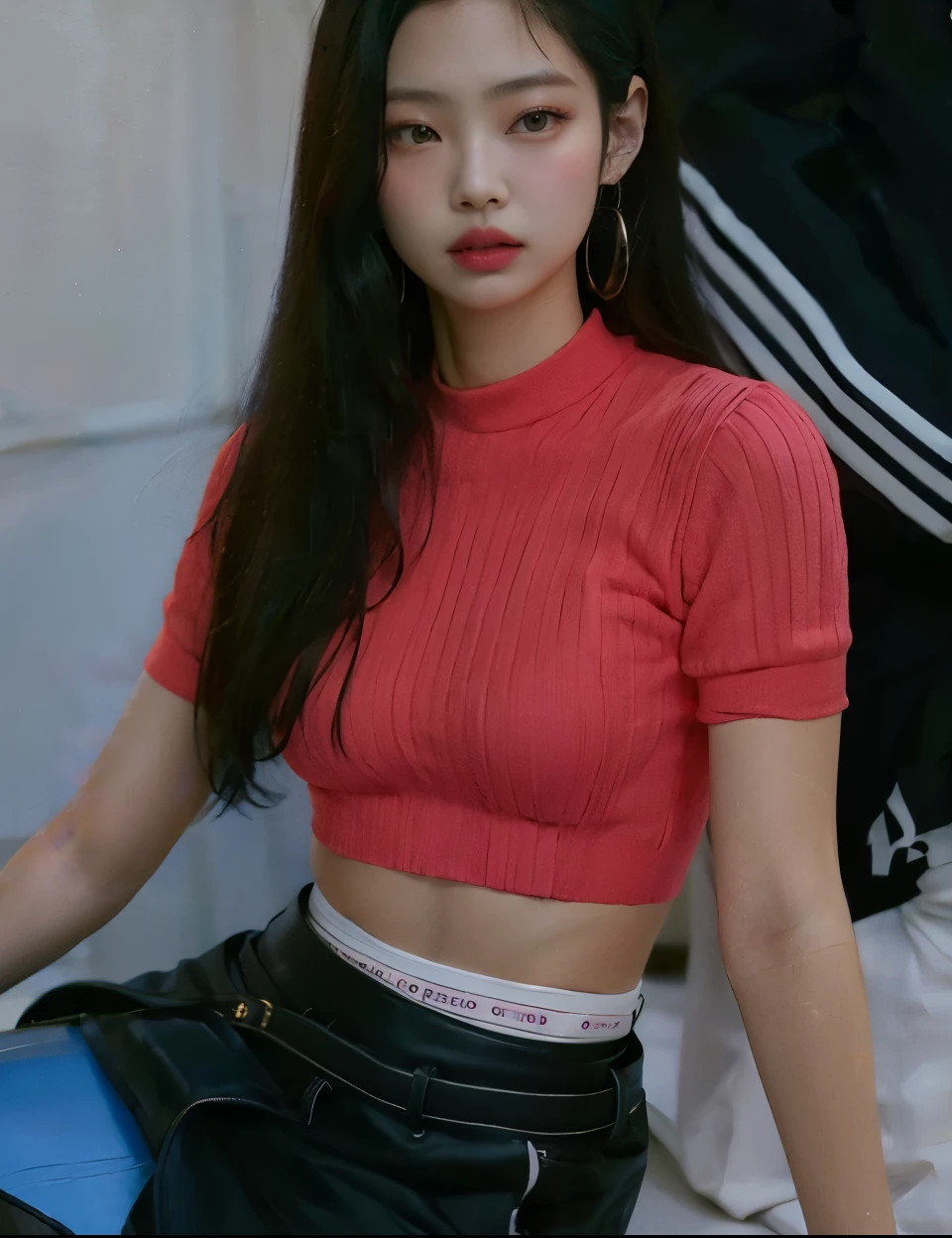 araffed asian woman sitting on a blue mat with a rosado top, blackrosado jennie, jossi of blackrosado, aesthetic!!!!!! Genio femenino, Bae Suzy, ulzzang, ((rosado)), con camiseta rasgada, Recortar arriba, jisoo from blackrosado, wearing Recortar arriba, portrait of jossi of blackrosado, rosado clothes, Chica coreana, Ella lleva ropa de calle