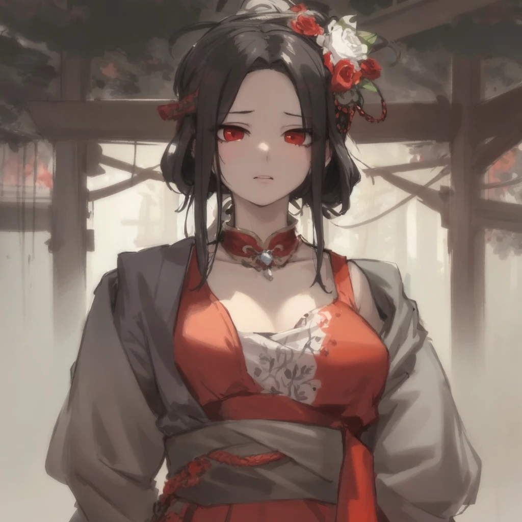 One wearing a red dress、Close-up of a woman with a flower in her hair, Guweiz style artwork, guweiz, A masterpiece by Guwiz, Belle peinture de personnage, 宮 , A girl in Hanfu, guweiz on artstation pixiv, guweiz on pixiv artstation, author:Hero, by Yanjun Cheng