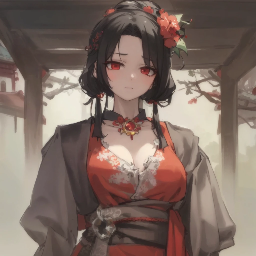 One wearing a red dress、Close-up of a woman with a flower in her hair, Guweiz style artwork, guweiz, A masterpiece by Guwiz, Belle peinture de personnage, 宮 , A girl in Hanfu, guweiz on artstation pixiv, guweiz on pixiv artstation, author:Hero, by Yanjun Cheng