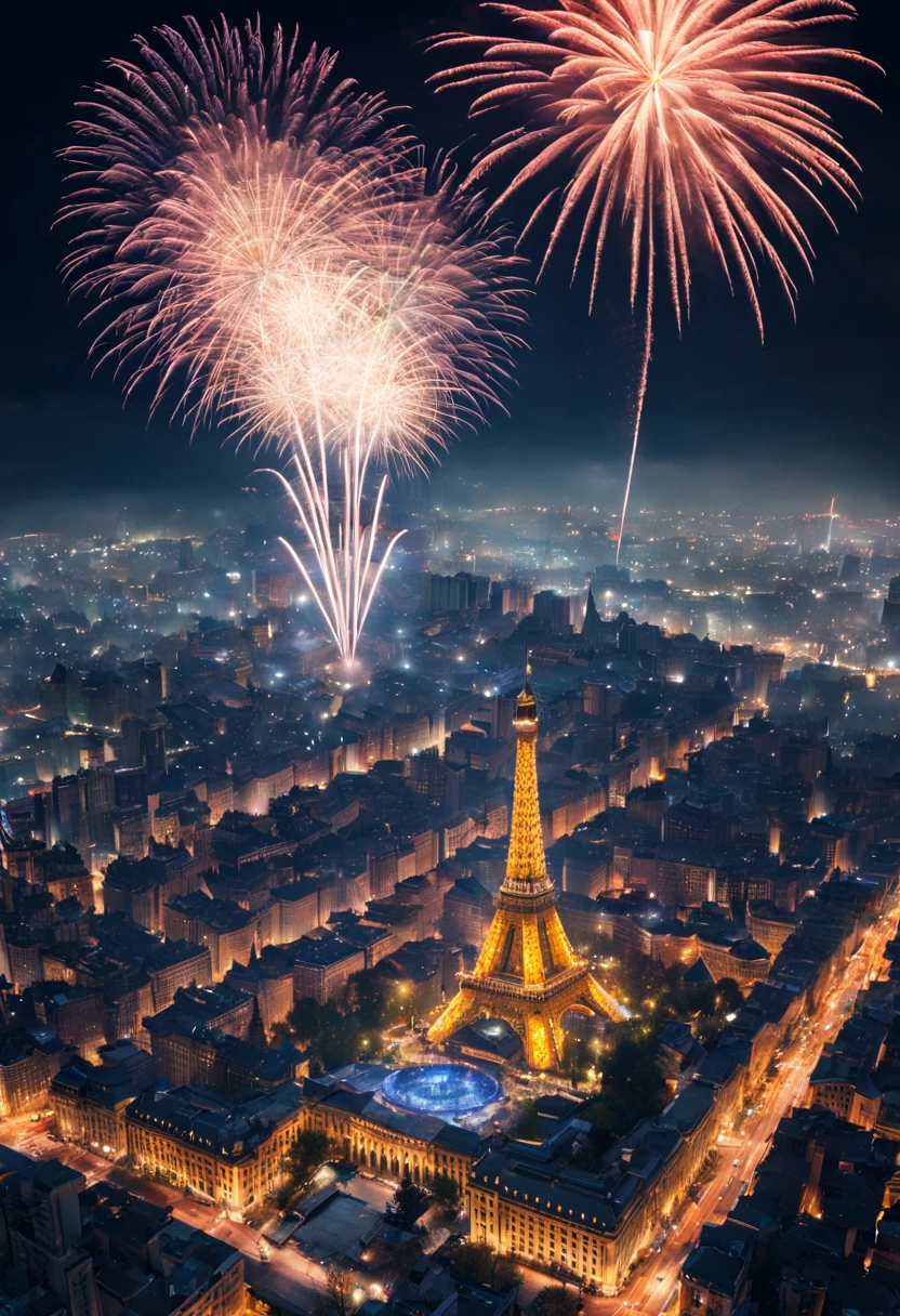 aerial view of city in night  with  firework  under the sky  4k resolution