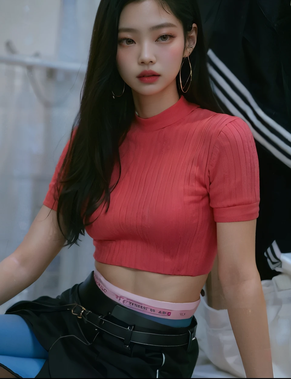 araffed asian woman sitting on a blue mat with a rosado top, blackrosado jennie, jossi of blackrosado, aesthetic!!!!!! Genio femenino, Bae Suzy, ulzzang, ((rosado)), con camiseta rasgada, Recortar arriba, jisoo from blackrosado, wearing Recortar arriba, portrait of jossi of blackrosado, rosado clothes, Chica coreana, Ella lleva ropa de calle