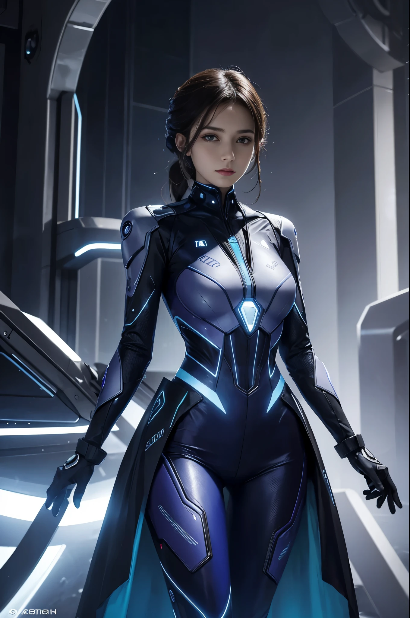 ,"Create an illustration of a character named Gu Yue Fang Yuan, AI enhanced, with the following details: she has a futuristic appearance, wearing a high-tech suit, ethereal gaze, and stands in a vibrant digital environment. Include intricate circuit patterns on her suit, a holographic background, and a futuristic cityscape in the background. Emphasize the contrast between her determined expression and the fluidity of her movements.",
