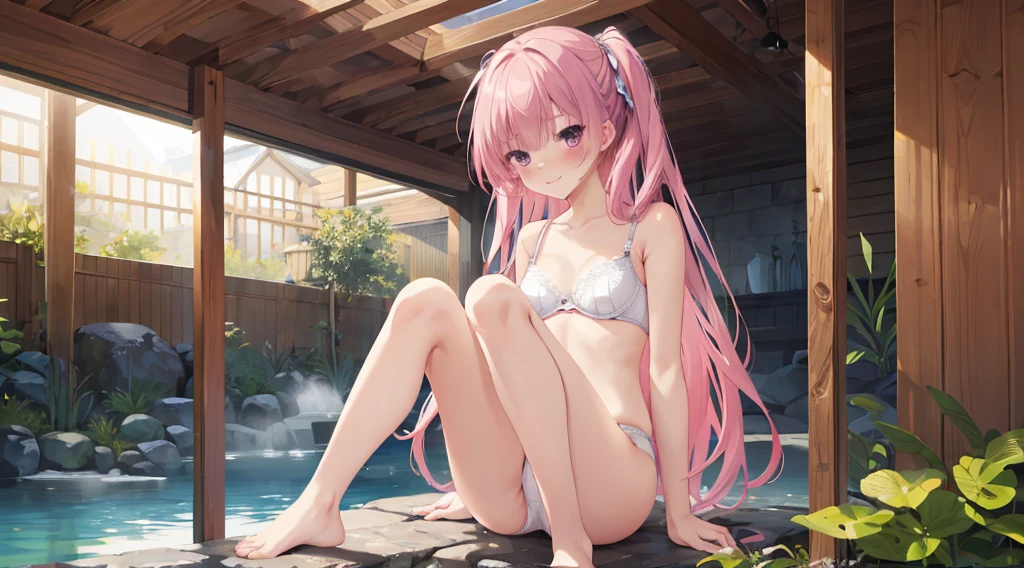 4K anime，1girl, solo, 170cm height，mitsukasa ayase, Smaller，70CM bust，With bare arms，A high resolution,Realistic, 1wall, wide angle,1girl, long hair, shy, embarrassed, blushed, wide angle, POV, (white bra, white ), light rays, glow, (masterpiece), wallpaper,Full body like，Bareleged，Barefoot，In an indoor hot spring，Damp underwear，gentleness，ssmile，Damp body