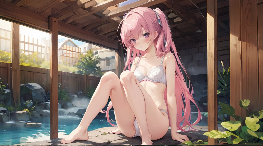 4K anime,1girl, solo, 170cm height,mitsukasa ayase, Smaller,70CM bust,With bare arms,A high resolution,Realistic, 1wall, wide angle,1girl, long hair, shy, embarrassed, blushed, wide angle, POV, (white bra, white panty), light rays, glow, (masterpiece), wallpaper,Full body like,Bareleged,Barefoot,In an indoor hot spring,Damp underwear,gentleness,ssmile,Damp body
