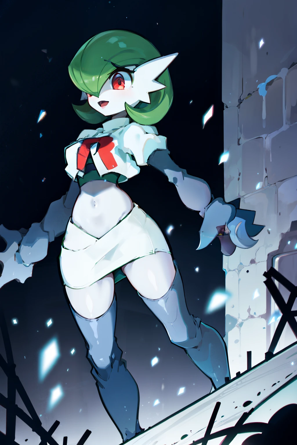 gardevoir,1girl,team rocket,team rocket uniform,white skirt,crop top,black thigh-highs,black elbow gloves,