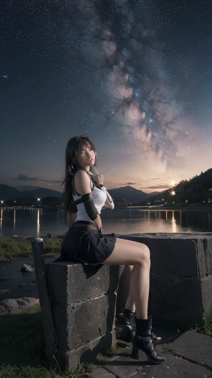 Best Quality,masutepiece,8K Wallpaper,absurderes, hight resolution, ultra-detailliert, (full body Esbian~:1.3)(ung Beautiful girl, Solo:1.3),Tifa Lockhart)sitting on the edge of the well,,starry sky stargazing,,shot from a side angle, ,Facing left,Shot from the side:1.3