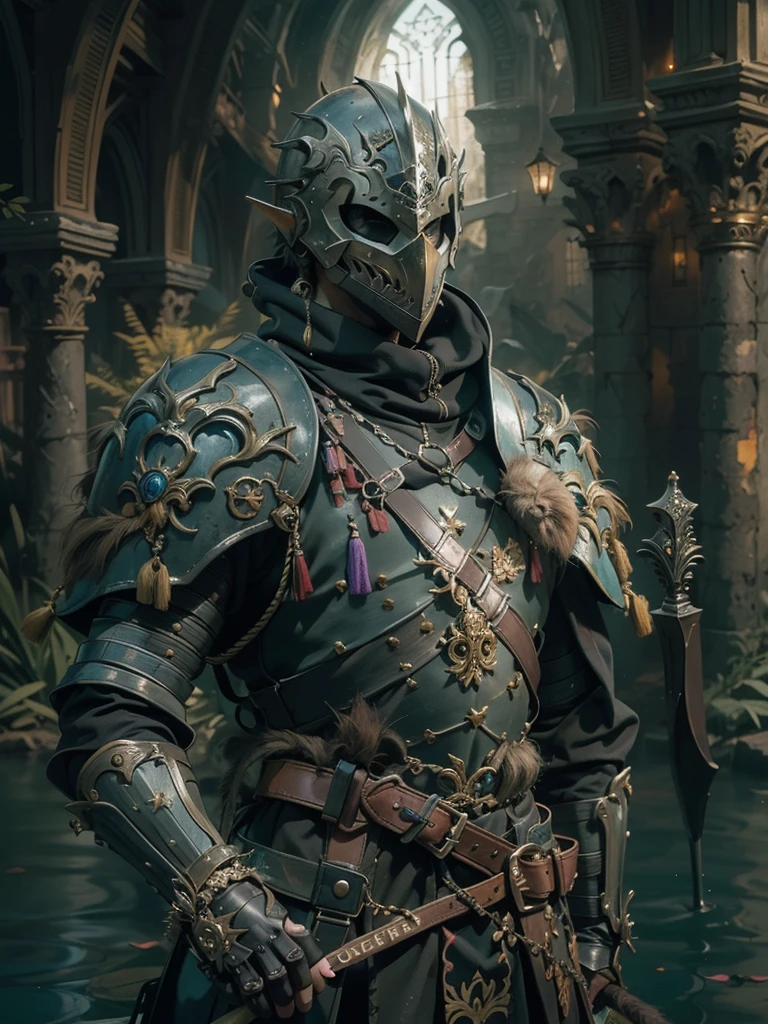 Numerous award-winning masterpieces of, With incredible details, textures and maximum detail, Black leather mask, (skeleton knight), delicate embellishmentlack full body armor，Exquisitely decorated), (((Not wearing a helmet))), (((full-body portraits))), ((head looking up)), ((Looking down)), (((full-body standing image))), (dramatic pose), (Strong posture), (Beautiful pose),  Spider on armor, Black blade in hand, Strong warriors, Agile Warrior, ((medieval world)), fantasy, ((Dramatic photo)), ((dynamic photo)), Full body view, Highly detailed, Ultra-realistic, Intricate details, Painting (artwork of a), ((Masterpiece,Best quality)), ((Cinematic light)), Ultra photo realsisim, fearsome, Dark fantasy, Detailed armor, Detailed helmet, epic realistic, Faded, ((com cores neutras)), , (hdr:1.5), (pastel colour:1.2), ultra - detailed, (Art Station:1.5), Cinematic, warm lights, Dramaticlight, (Intricate details:1.1), the complex background, (greg rutkovsky:0.8), (Teal and orange:0.4), Old ruins infested with plants,Ruins of an old castle, In the dungeon, Ancient Castle Site, Abandoned mine, Deserted ruins, crumbling ruins, Ruins with clear puddles, Ruins with clear ponds, Ruins with clear calm water, Twilight, Sunset, Dusk, wavelets, ripple on water, running water, battlefield,