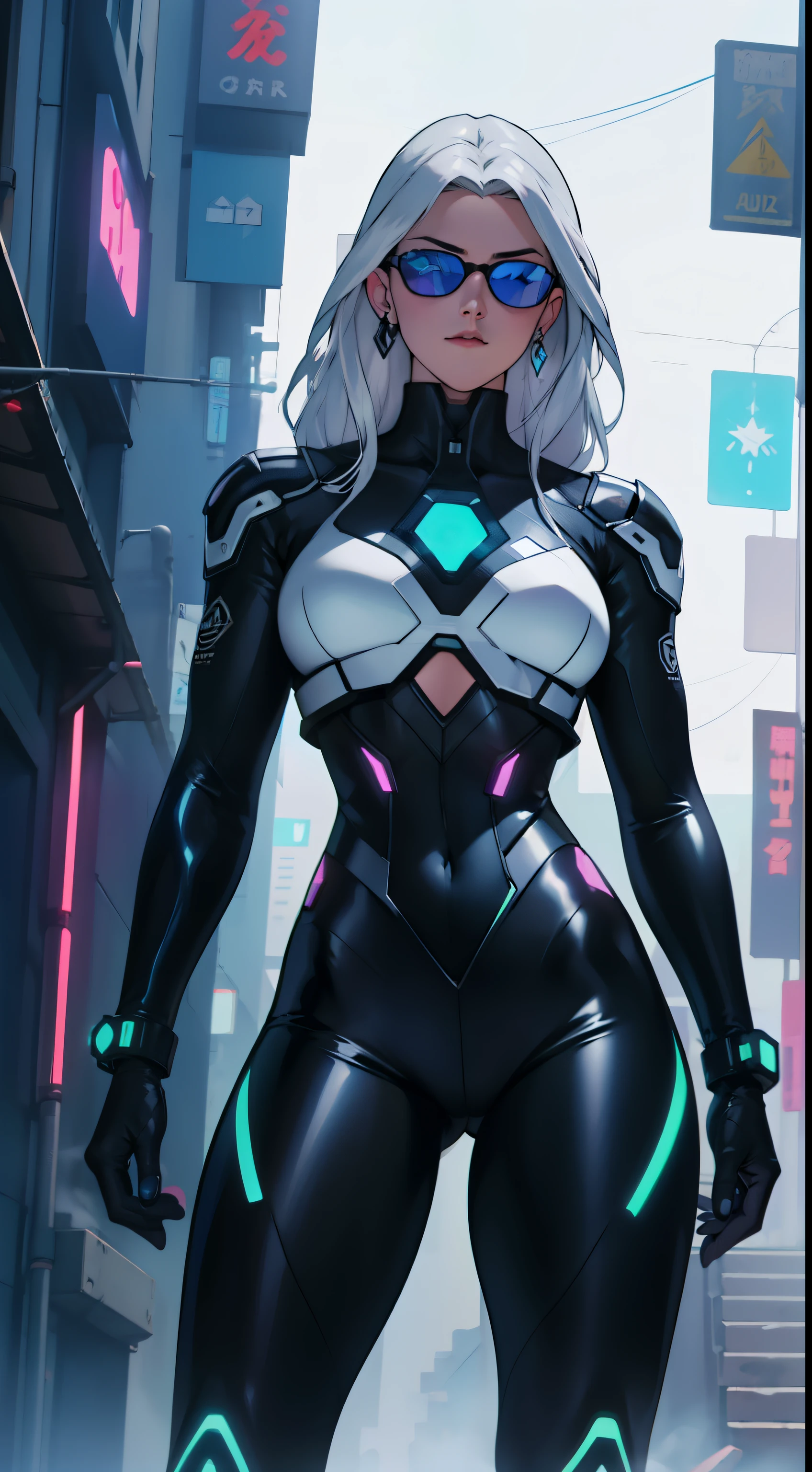 Uma mulher linda e sexy maligna de longos cabelos brancos que ostenta uma figura majestosa,que possui um corpo bem sexy, Dressed in futuristic Cyberpunk Tron armor that glows with shades of silver and electric blue. possui olho azuis que brilha com a energia temporal, He has hourglass symbols on his arms symbolizing the weaving of time in his hands.