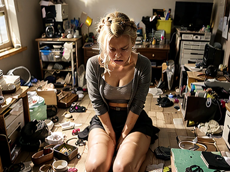 1girl, wearing a tight-fitting grey suit, dark grey skirt, she is sat on a broken chair, in an office that was trashed, hundreds of objects on the ground, broken cabinets, dirty working table, computer still on, the girl is angry and crying, dirty ragged clothes, blonde hair, crown braid, red eyes, pearl earrings, makeup, pain, grimace, despair, lonely, sobbing, smelling, super detailed skin, Perfect Anatomy, wide shot, panorama, Wide-Angle, ray tracing, backlighting, reflection light, Photorealistic, chiaroscuro, Hasselblad, f/16, lens flare, masterpiece, UHD, 8k, best quality, highres, high details, super detail