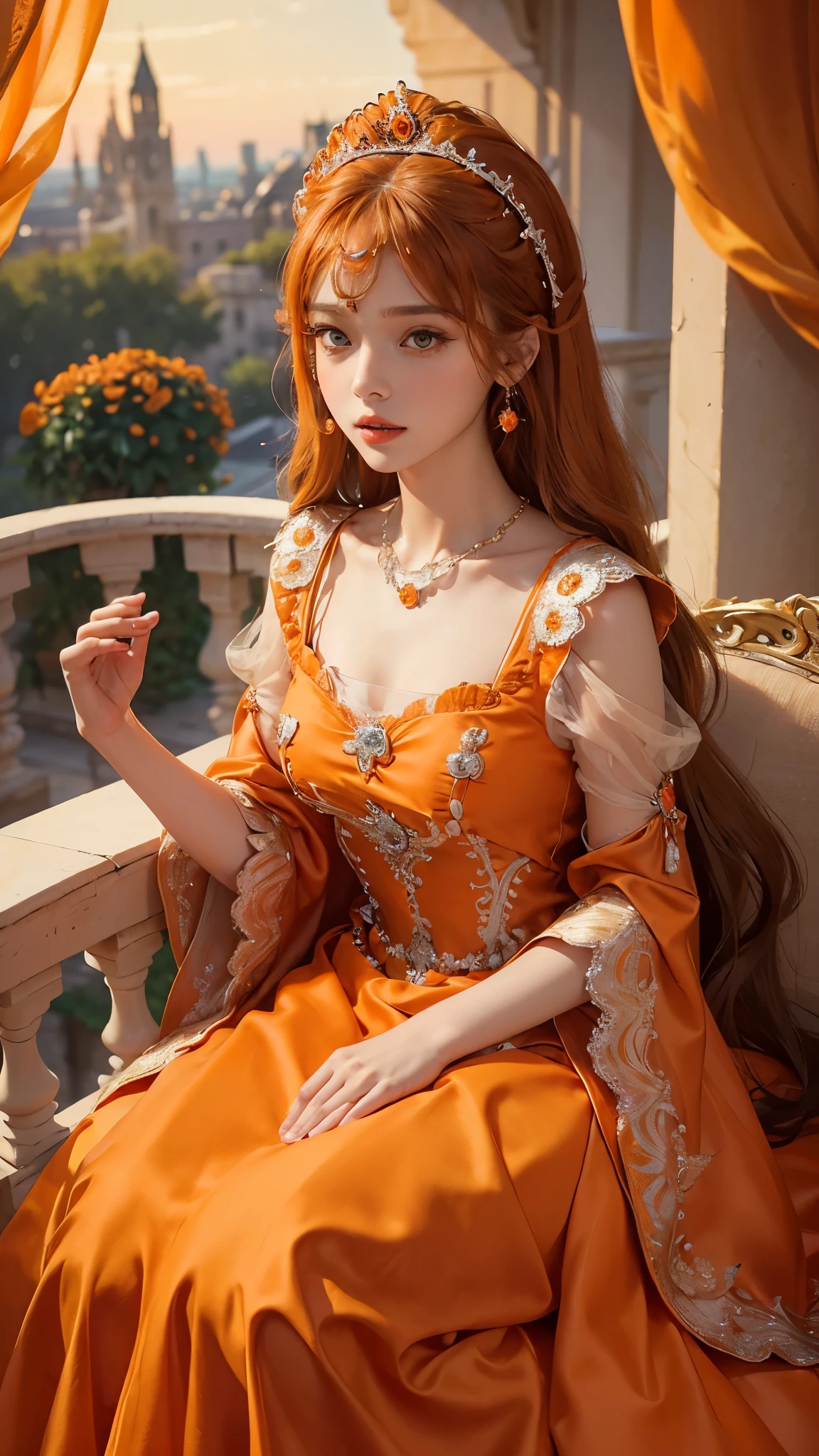 8k, masterpiece, 1 girl, beautiful face, very long hair, hair ornament, light makeup, detailed eyes, small round breast, ultra detailed clothes (orange princess dress:1.5), lace:1.5, ((closed up)), necklace, jewellery, amazing balcony background, sitting,