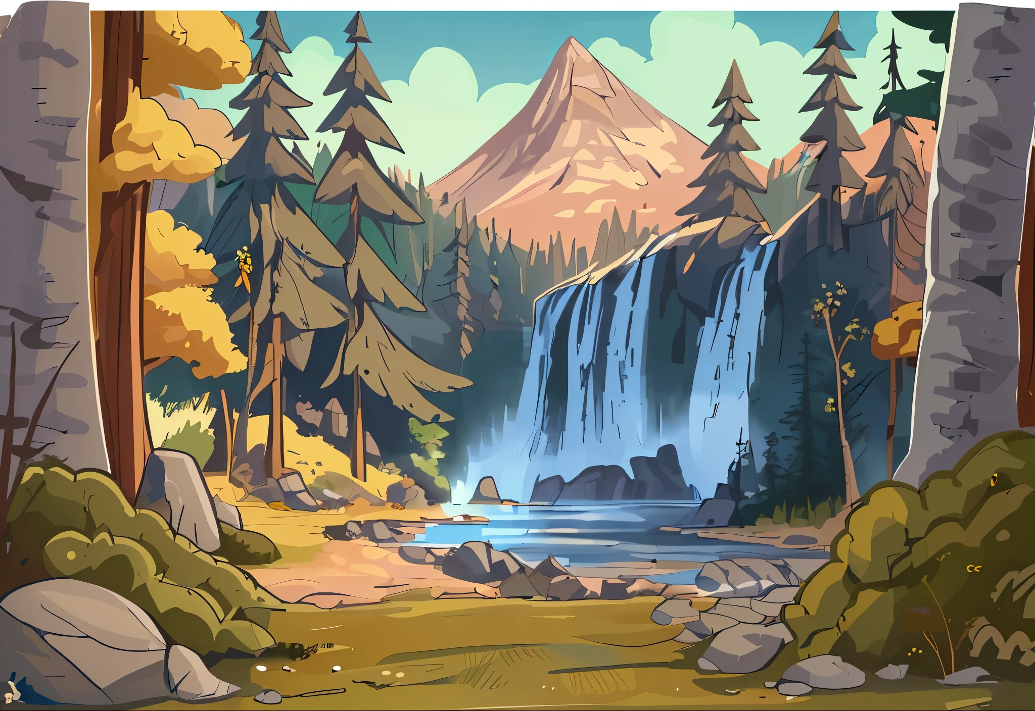 illustration of a natural landscape, Estilo Gravity Falls, cachoeira: Uma cachoeira fluida graciosamente de um penhasco rochoso, criando um lago azul cristalino abaixo. The water sparkles in the sunlight and reflects the colors of the sky and trees. The waterfall is the central and most impressive element of the image. brazi: brazi altas e verdes, possivelmente pinheiros ou abetos, circundam a cachoeira e o lago. They create a contrast with the blue of the water and sky, and add a sense of depth and perspective to the image. The trees also suggest that the scene takes place in a cold environment., mountainous region.. montanha: A snow-capped mountain rises majestically in the background under a clear blue sky. It is the farthest and tallest element in the image, and conveys a feeling of grandeur and grandeur. The mountain also indicates that the scene takes place at high altitude and that the waterfall is fed by meltwater... rochas: Large rocks are scattered across the foreground and edge of the lake... They are gray and brown in color, and have irregular and angular shapes. Create a contrast with the softness and fluidity of water, and add a sense of texture and realism to the image. Rocks also serve as points of interest and balance in the image composition...