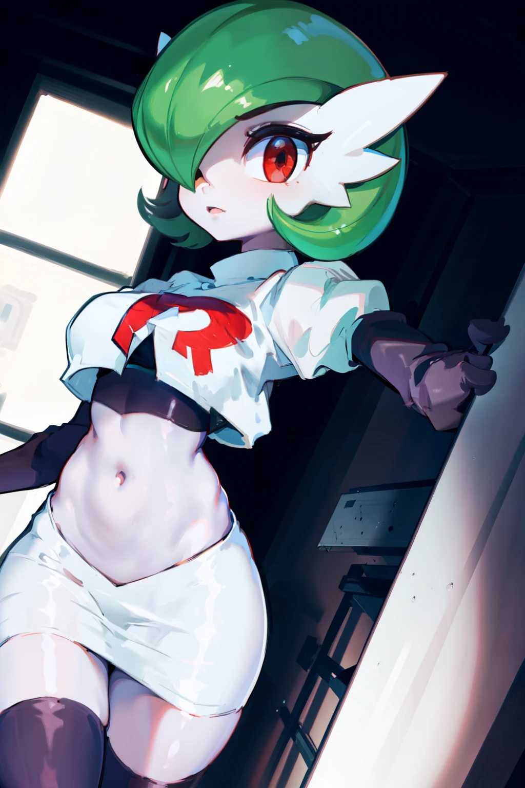 gardevoir,1girl,team rocket,team rocket uniform,white skirt,crop top,black thigh-highs,black elbow gloves,