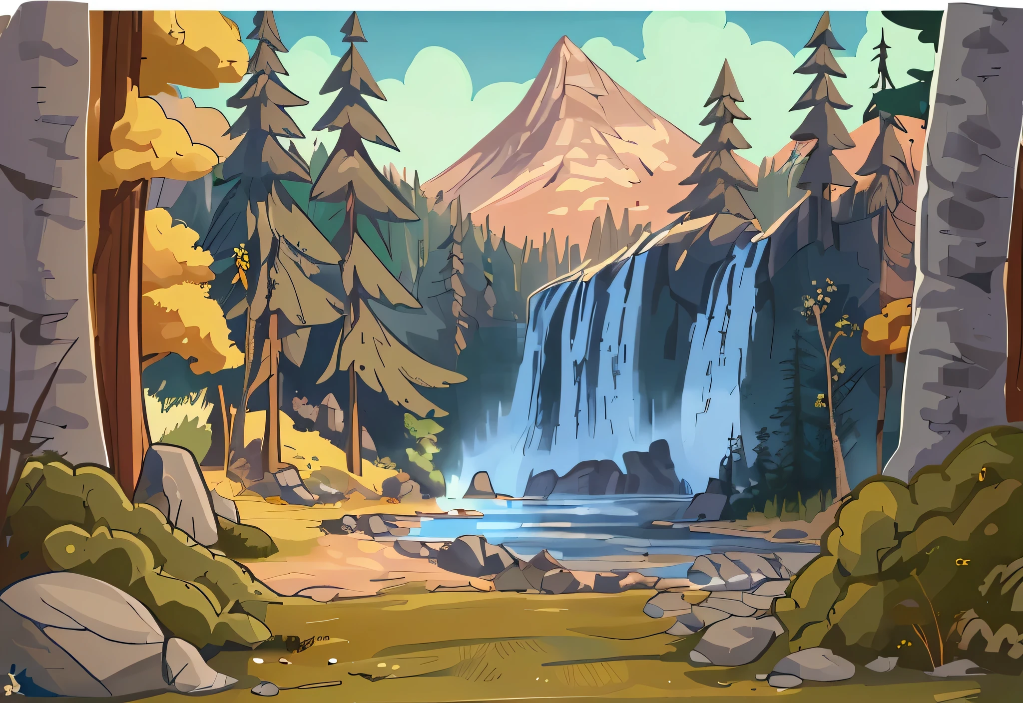illustration of a natural landscape, Estilo Gravity Falls, cachoeira: Uma cachoeira fluida graciosamente de um penhasco rochoso, criando um lago azul cristalino abaixo. The water sparkles in the sunlight and reflects the colors of the sky and trees. The waterfall is the central and most impressive element of the image. brazi: brazi altas e verdes, possivelmente pinheiros ou abetos, circundam a cachoeira e o lago. They create a contrast with the blue of the water and sky, and add a sense of depth and perspective to the image. The trees also suggest that the scene takes place in a cold environment.., mountainous region.. montanha: A snow-capped mountain rises majestically in the background under a clear blue sky. It is the farthest and tallest element in the image, and conveys a feeling of grandeur and grandeur. The mountain also indicates that the scene takes place at high altitude and that the waterfall is fed by meltwater.... rochas: Large rocks are scattered across the foreground and edge of the lake.... They are gray and brown in color, and have irregular and angular shapes. Create a contrast with the softness and fluidity of the water, and add a sense of texture and realism to the image. Rocks also serve as points of interest and balance in the image composition....