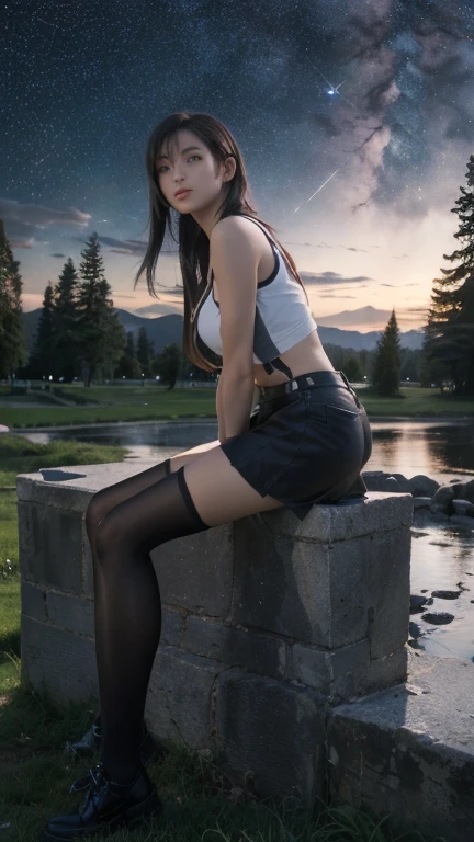 Best Quality,masutepiece,8K Wallpaper,absurderes, hight resolution, ultra-detailliert, (full body Esbian～:1.3)(1 young Beautiful girl, Solo:1.3),Tifa Lockhart \(\),,Sitting on the edge of the well with the starry sky behind me,shot from a side angle, streamline,Facing left,Shot from the side:1.3