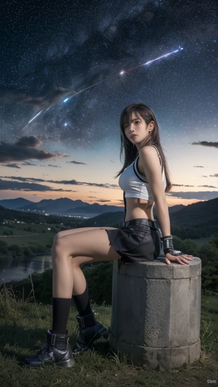 Best Quality,masutepiece,8K Wallpaper,absurderes, hight resolution, ultra-detailliert, (full body Esbian~:1.3)(1 young Beautiful girl, Solo:1.1),Tifa Lockhart \(\),,Sitting on the edge of a well against a starry sky,Look under the starry sky,