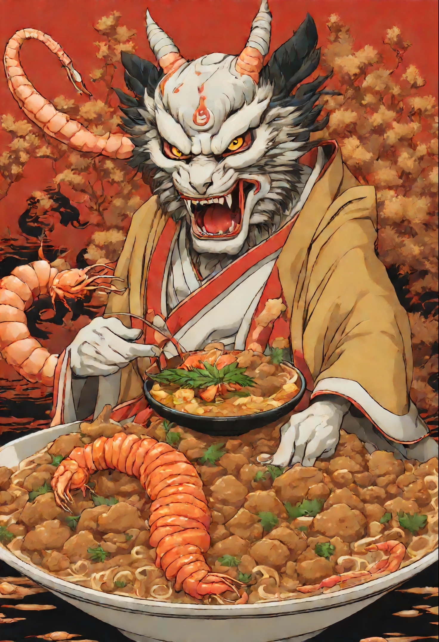 1 noodle yokai demon holding tiger prawns emerging from a bowl of Japanese curry with lots of tofu tonkatsu and cannabis indica nuggets inside Shinto temple