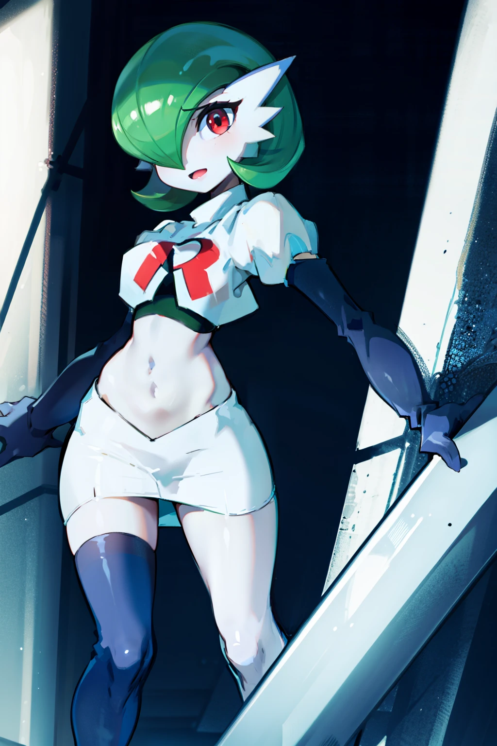 gardevoir,1girl,team rocket,team rocket uniform,white skirt,crop top,black thigh-highs,black elbow gloves,