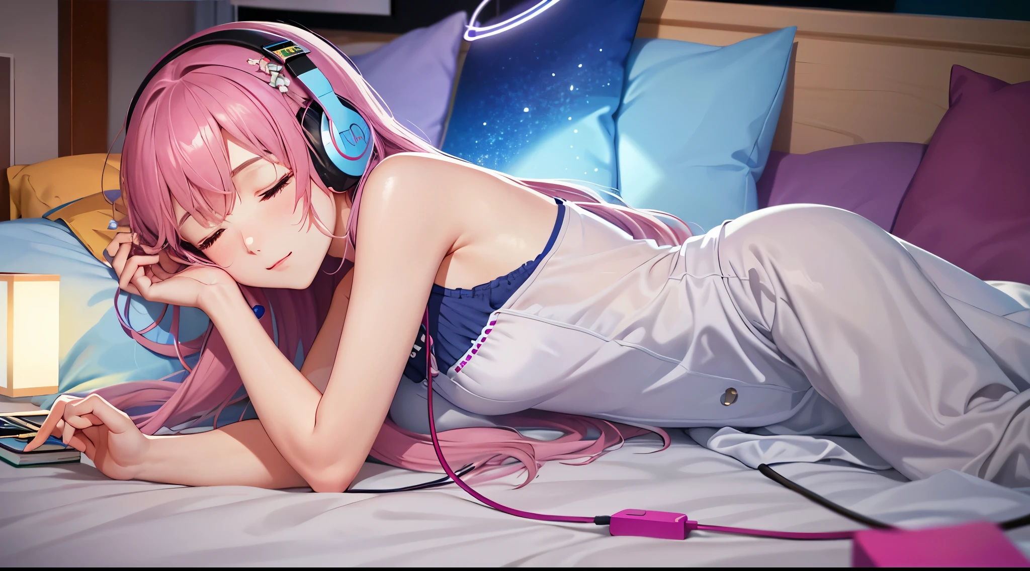 relaxing girl putting headphone connected to music player listening to music lay on bed closing her eyes feel the harmony of rhythm room full of stuff like books flowers