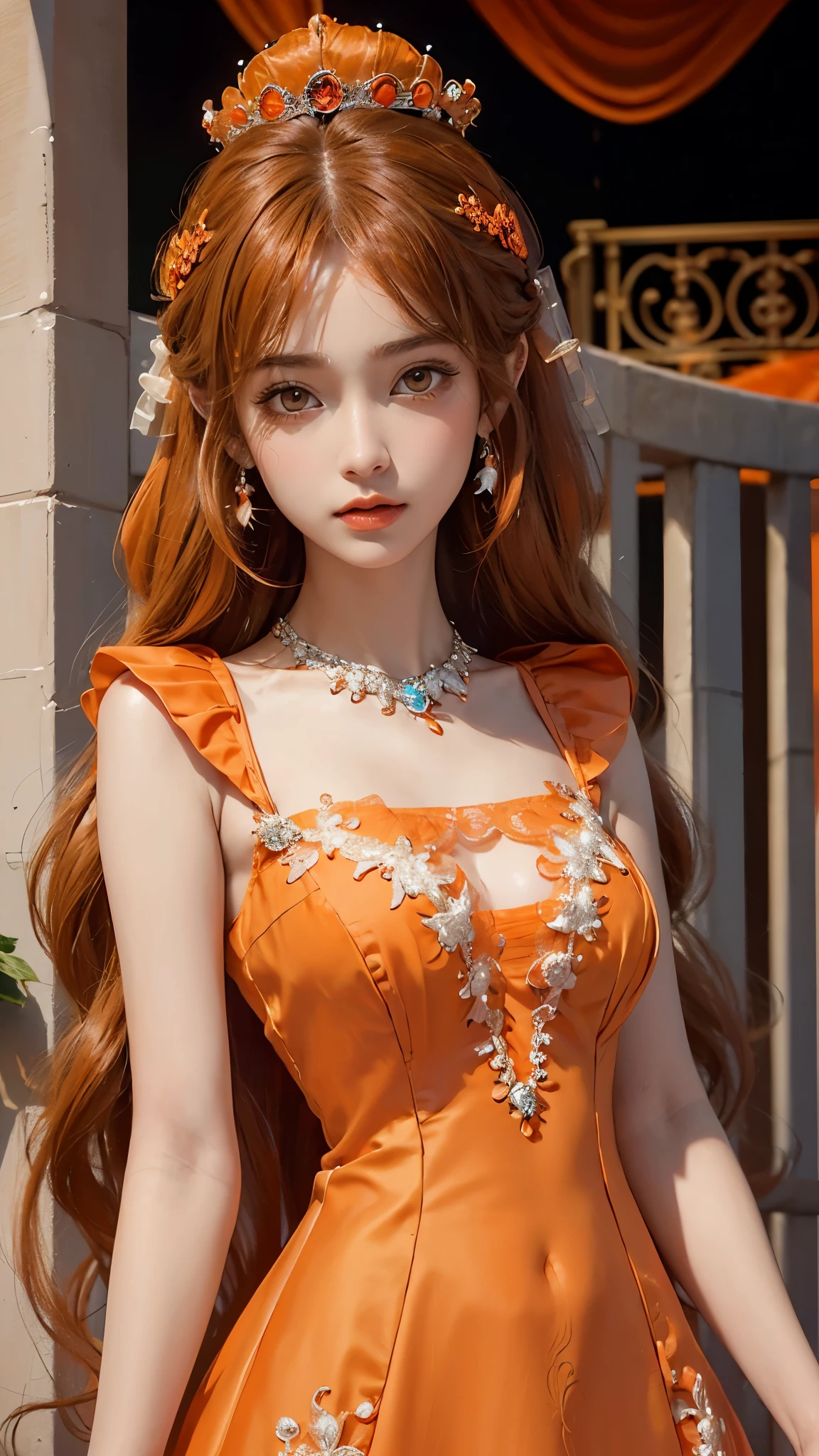 8k, masterpiece, 1 girl, beautiful face, very long hair, hair ornament, light makeup, detailed eyes, small round breast, ultra detailed clothes (orange princess dress:1.5), lace:1.5, ((closed up)), necklace, jewellery, amazing balcony background,