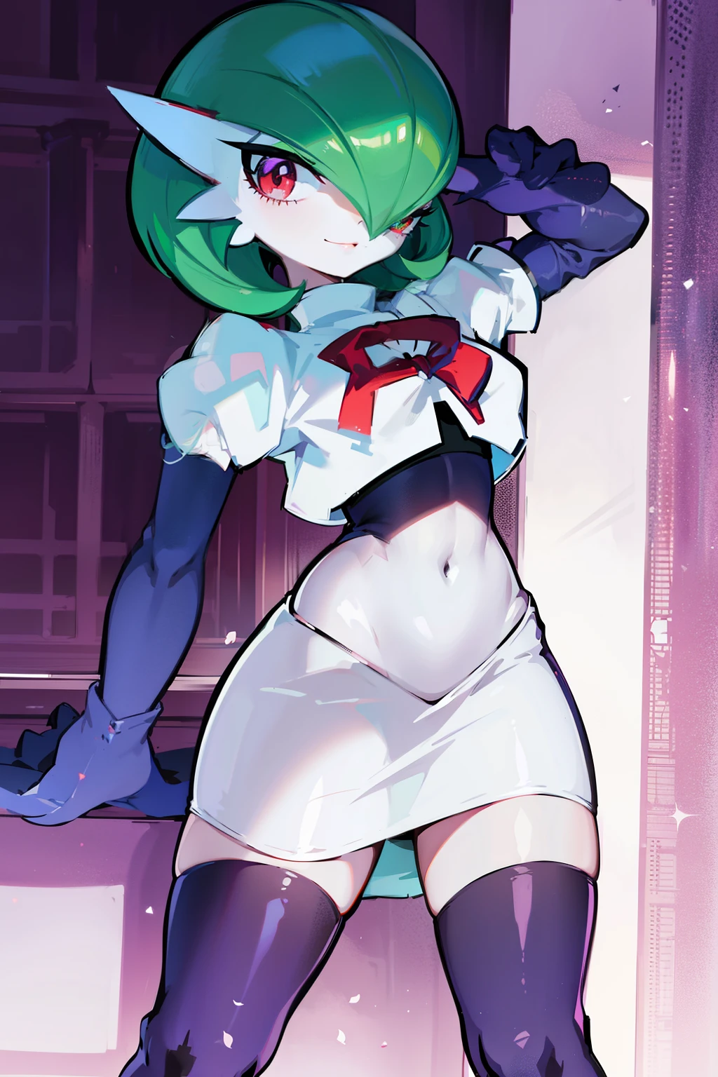 gardevoir,1girl,team rocket,team rocket uniform,white skirt,crop top,black thigh-highs,black elbow gloves,