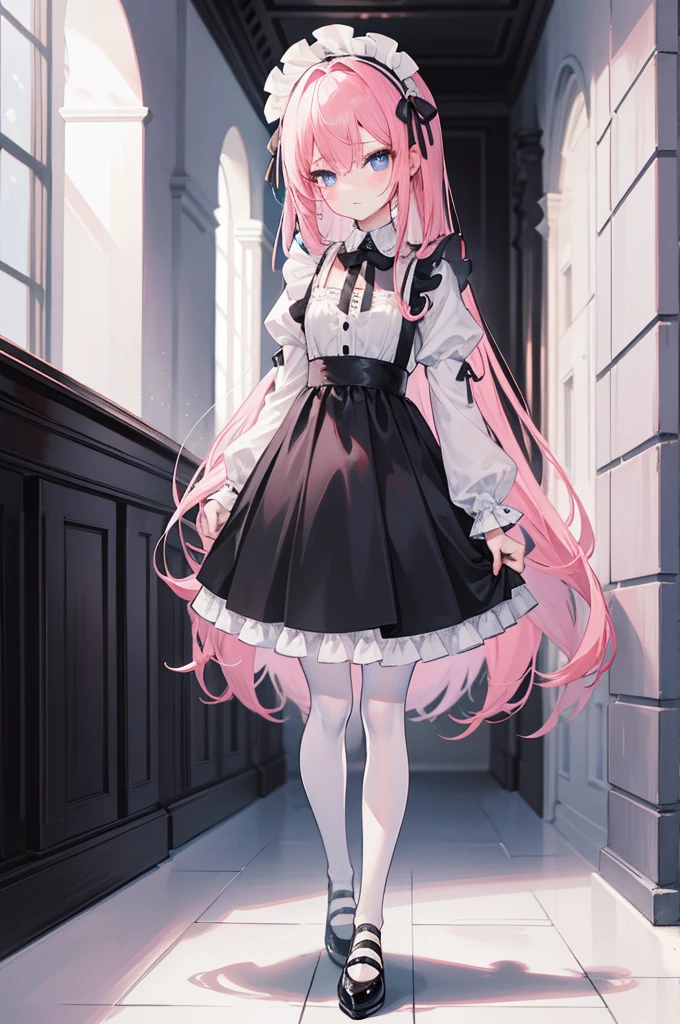 "1 girl with long pink hair, eBlue eyes, There is a small on the front, Dress up in a black and white maid outfit, A black skirt with a white apron, White stockings, Harnes, no shoe, Stand in a medieval corridor, The resolution is ridiculously high, Super sharp 8K picture quality, Create visual masterpieces, and gazes charmingly at the audience."