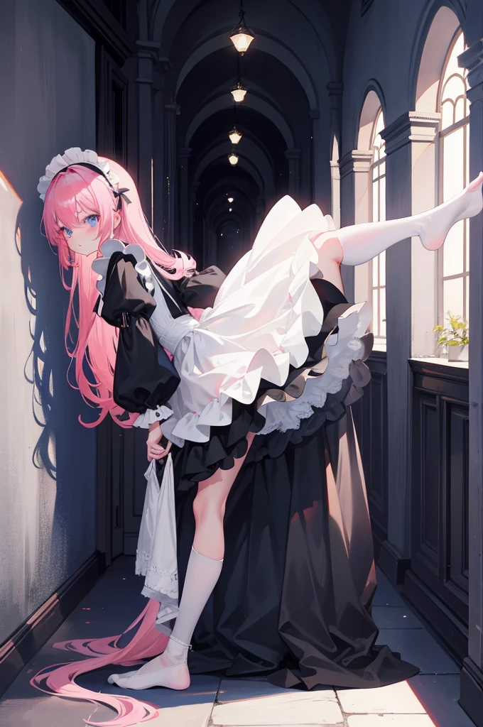 (solo), (girl),(((adult))), (pink eyes),(black long hair),(blunt bangs),(+perfect hand+:1.21),(Draw an illustration of cute girl),(slender),white skin,(white and black maid clothes),laugh,smile,((((adult)))), black and white clothes,((black long hair)),((black long hair)),((black long hair)),((black long hair)),((dynamic angle)),(dynamic pose),party hall,evil smile,(thin legs),slender,(whole body),